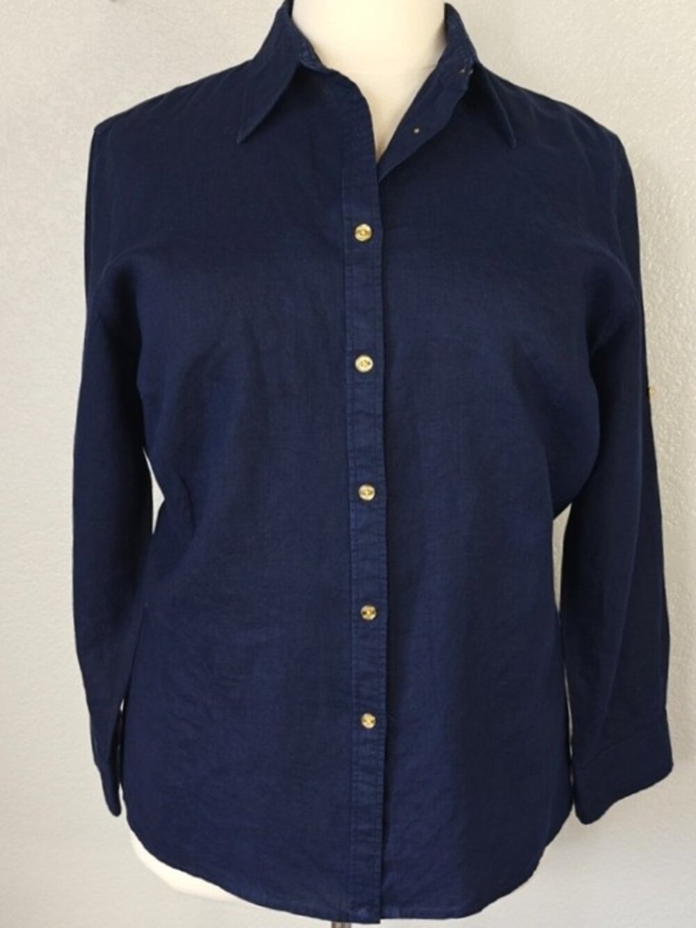 Chaps 2X Linen Button Down Navy Old Money Aesthetic Long Sleeves